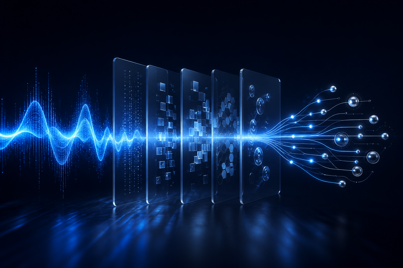 AI voice signal moving through connected communications and business systems